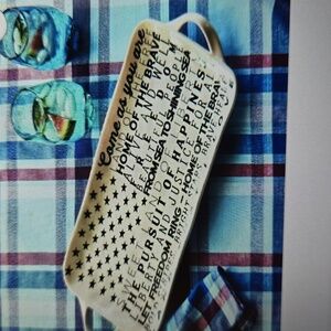 Tag 9"x17.25" Stars Stripes Patriotic Ceramic Tray Platter White Black NEW